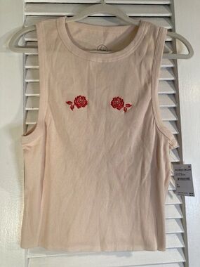 Women's Pink Ribbed Tank Top with Red Rose Embroidery